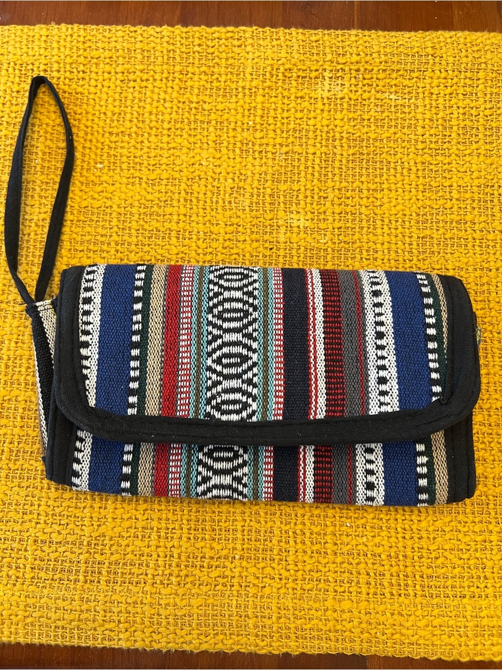 Multicolor Striped Woven Wristlet Clutch with Black Trim